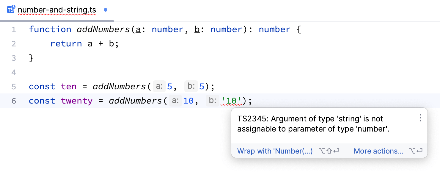 Beispiel für einen von TypeScript erkannten Fehler bei der Zuweisung eines falschen Datentyps